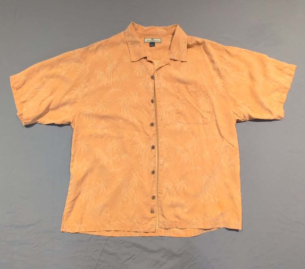 Tommy Bahama 100% Silk Men's XL Tropical Palm Tree Pattern Short Sleeve Button